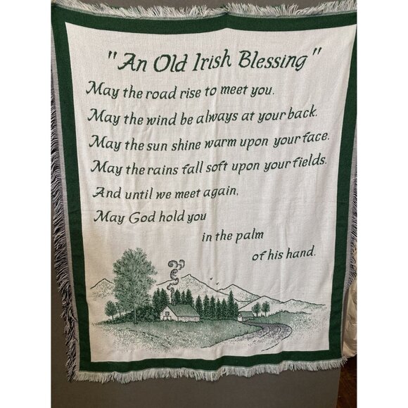 Old Irish Blessing Tapestry Throw Blanket 40"x60"  Green & White  Fringed Edges - Picture 2 of 6